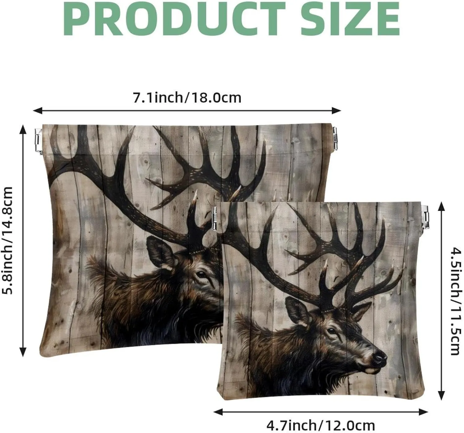 Women’s Pocket Cosmetic Bags, Waterproof Leather Makeup Bag No Zipper Self-Closing Makeup Pouch for Girls, Mini Bag for Purse - Elk on Vintage Wooden Background