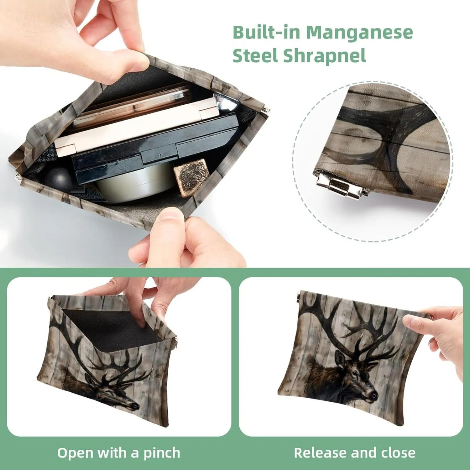 Women’s Pocket Cosmetic Bags, Waterproof Leather Makeup Bag No Zipper Self-Closing Makeup Pouch for Girls, Mini Bag for Purse - Elk on Vintage Wooden Background
