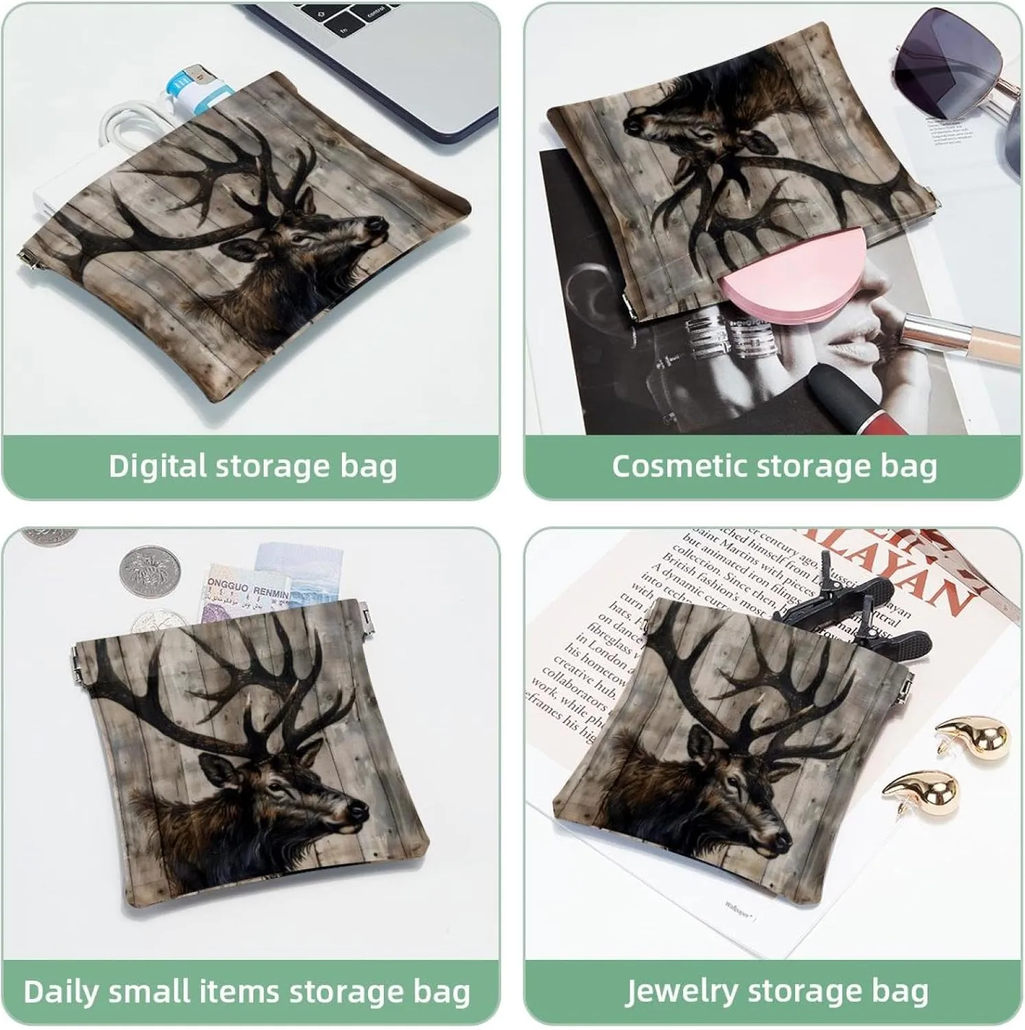 Women’s Pocket Cosmetic Bags, Waterproof Leather Makeup Bag No Zipper Self-Closing Makeup Pouch for Girls, Mini Bag for Purse - Elk on Vintage Wooden Background