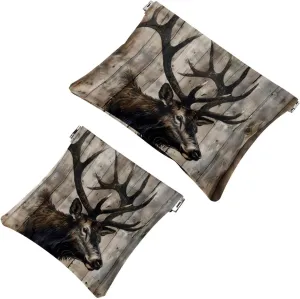 Women’s Pocket Cosmetic Bags, Waterproof Leather Makeup Bag No Zipper Self-Closing Makeup Pouch for Girls, Mini Bag for Purse - Elk on Vintage Wooden Background