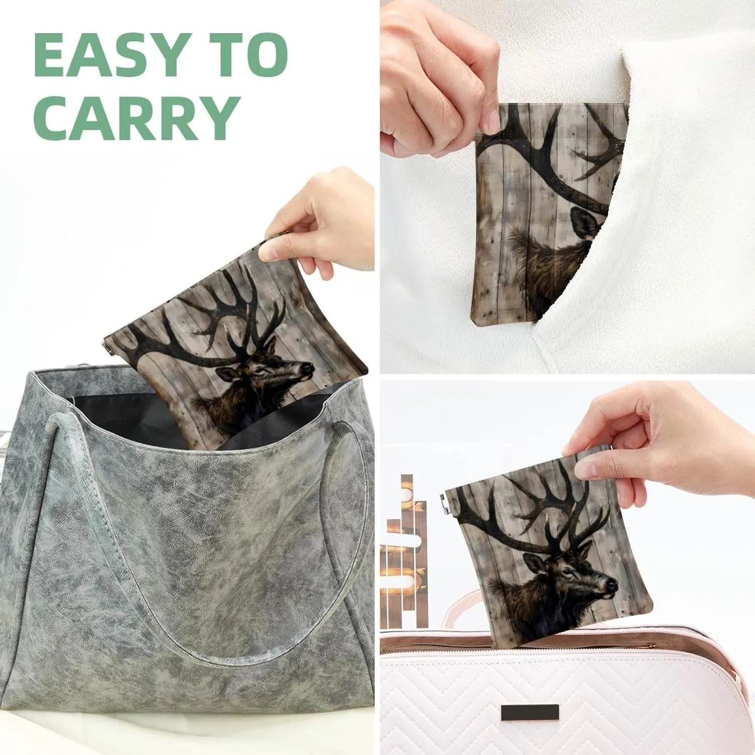 Women’s Pocket Cosmetic Bags, Waterproof Leather Makeup Bag No Zipper Self-Closing Makeup Pouch for Girls, Mini Bag for Purse - Elk on Vintage Wooden Background