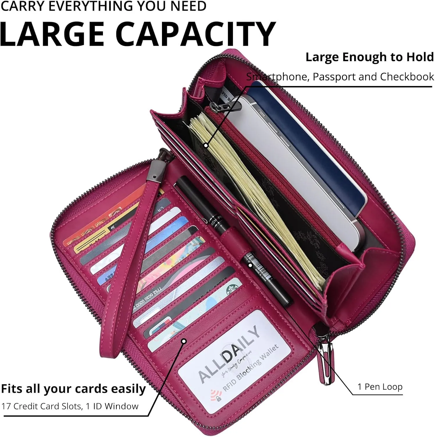 Women's RFID Blocking Leather Zip Around Wallet Large Phone Holder Clutch Travel Purse Wristlet (Fuchsia Purple)