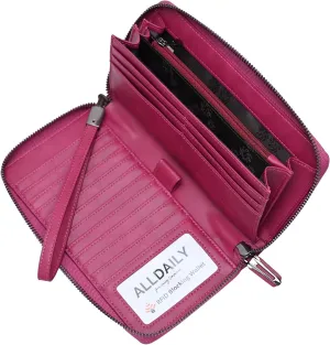Women's RFID Blocking Leather Zip Around Wallet Large Phone Holder Clutch Travel Purse Wristlet (Fuchsia Purple)