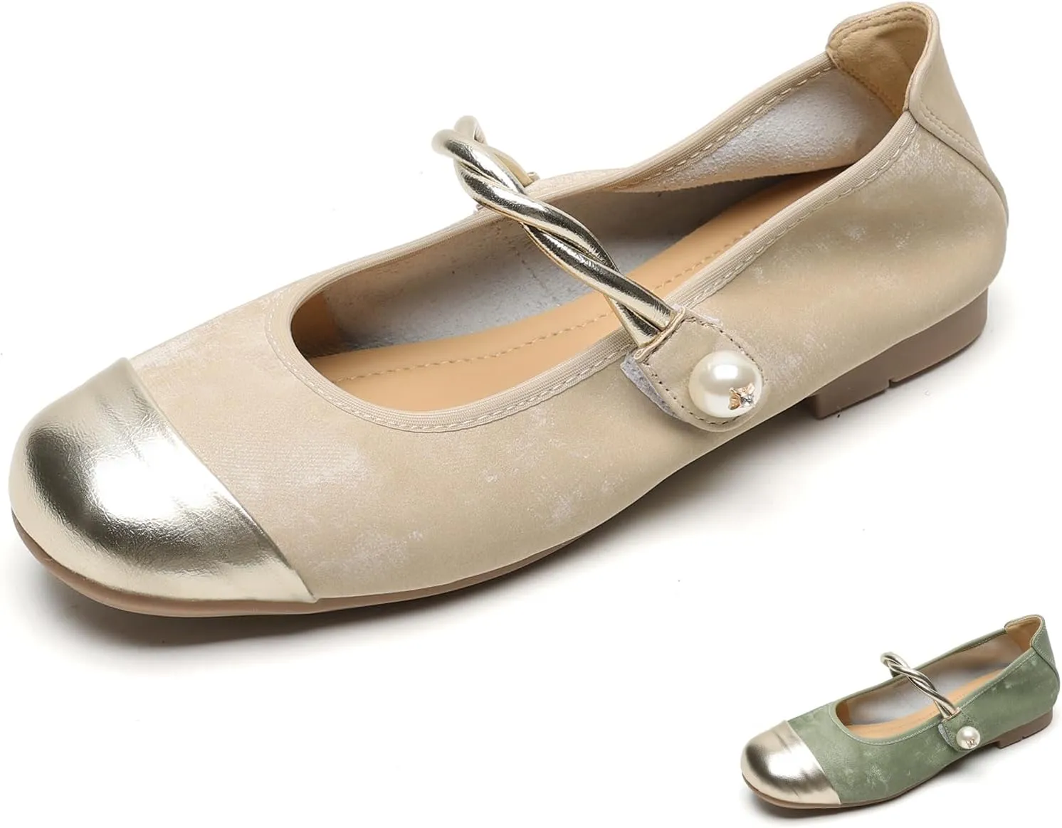 Women's Satin Pearl Mary Jane Flats with Hook and Loop Strap Fashion Round Toe Shallow Mouth Roll-Up Ballet Flats Comfortable Casual Foldable Soft Sole Wedding Guest Flats