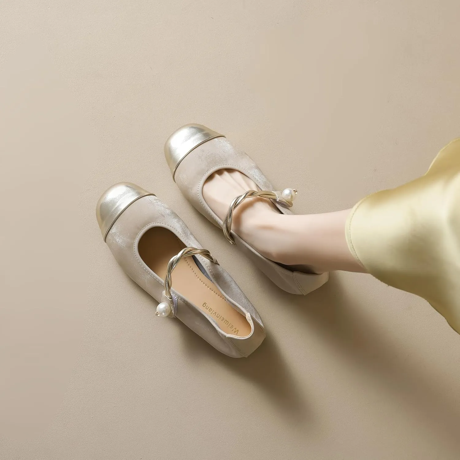 Women's Satin Pearl Mary Jane Flats with Hook and Loop Strap Fashion Round Toe Shallow Mouth Roll-Up Ballet Flats Comfortable Casual Foldable Soft Sole Wedding Guest Flats