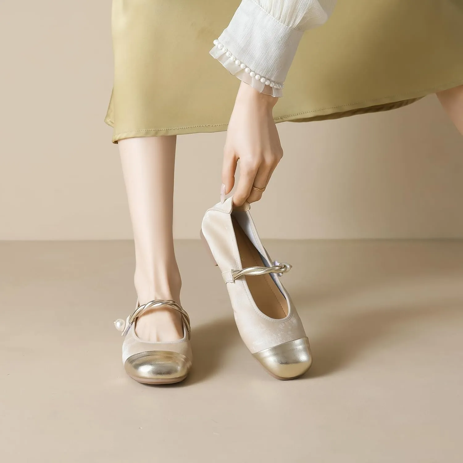 Women's Satin Pearl Mary Jane Flats with Hook and Loop Strap Fashion Round Toe Shallow Mouth Roll-Up Ballet Flats Comfortable Casual Foldable Soft Sole Wedding Guest Flats