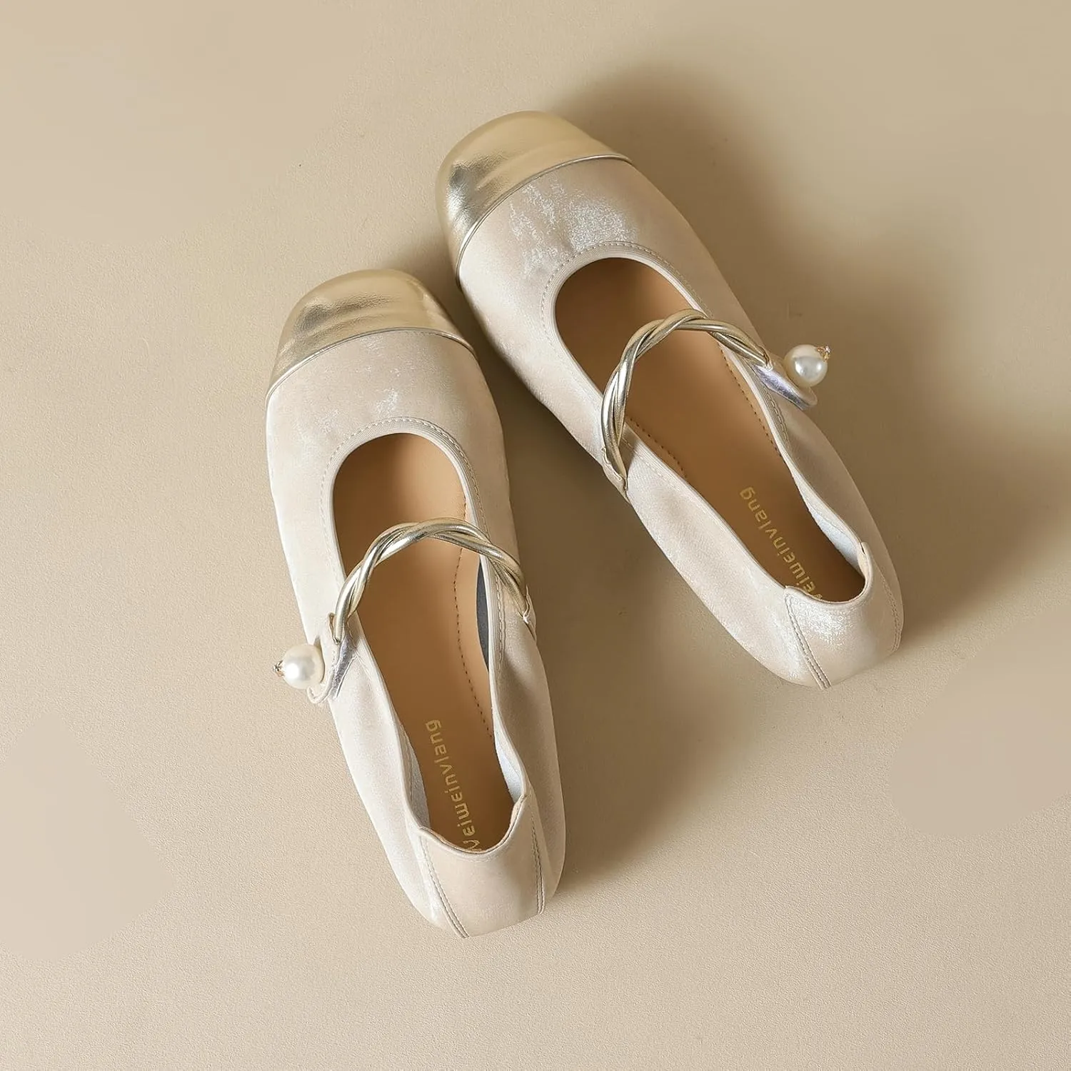 Women's Satin Pearl Mary Jane Flats with Hook and Loop Strap Fashion Round Toe Shallow Mouth Roll-Up Ballet Flats Comfortable Casual Foldable Soft Sole Wedding Guest Flats