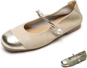 Women's Satin Pearl Mary Jane Flats with Hook and Loop Strap Fashion Round Toe Shallow Mouth Roll-Up Ballet Flats Comfortable Casual Foldable Soft Sole Wedding Guest Flats