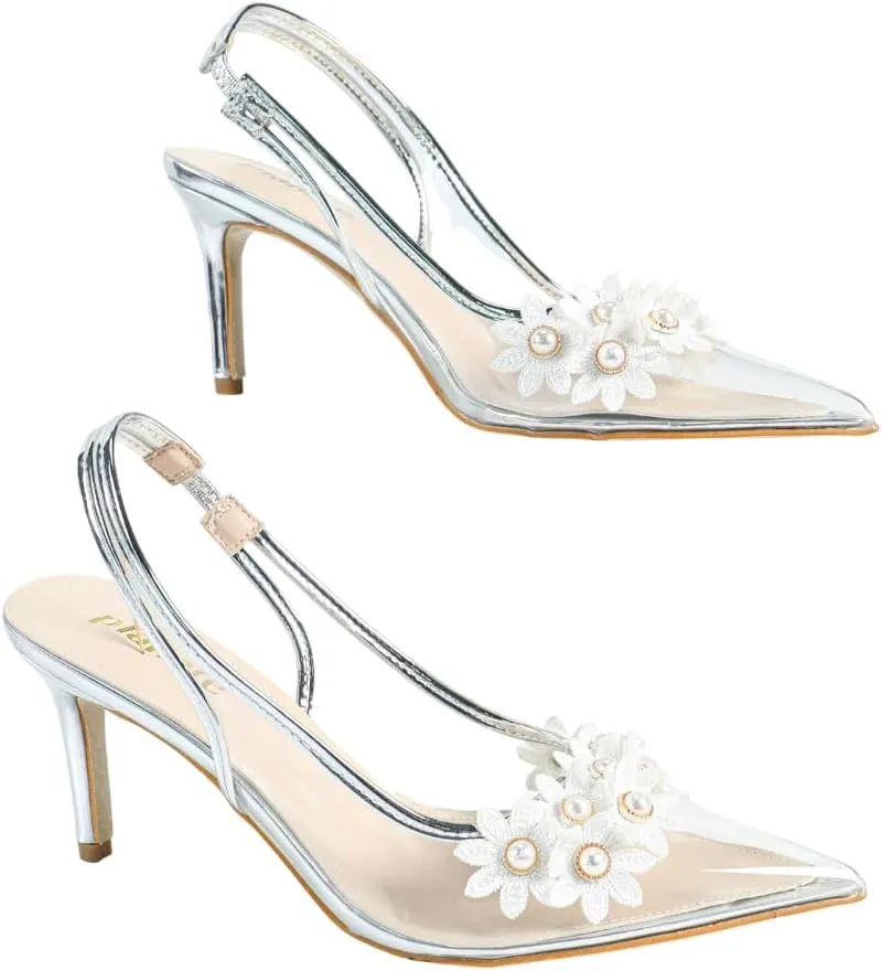 Women's Transparent PVC & Silver High Heel Sandals – Rhinestone Slingback Stilettos with Pearl Flower Accents – Pointed-Toe Evening Party Pumps (Sizes 6-10.5)
