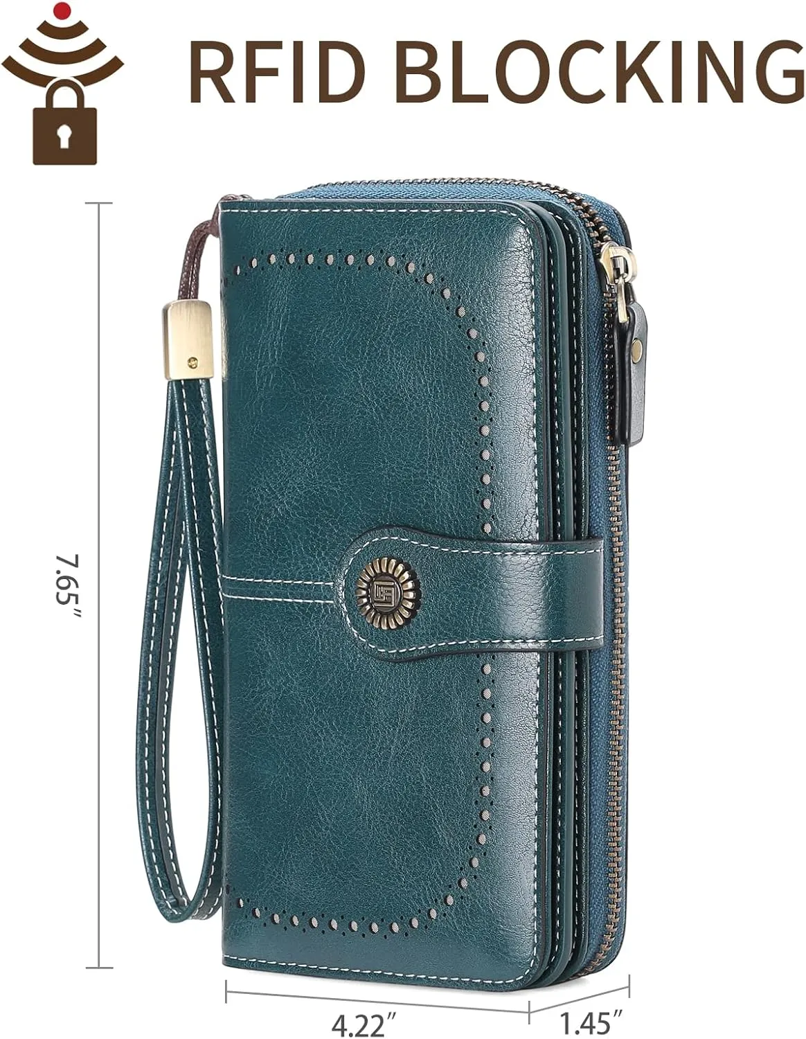 Women's Wallet Large Capacity Leather RFID Blocking Trifold Ladies Cluth Wristlet Wrist strap Long Purse Credit Card Holder