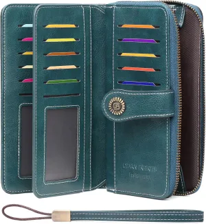 Women's Wallet Large Capacity Leather RFID Blocking Trifold Ladies Cluth Wristlet Wrist strap Long Purse Credit Card Holder