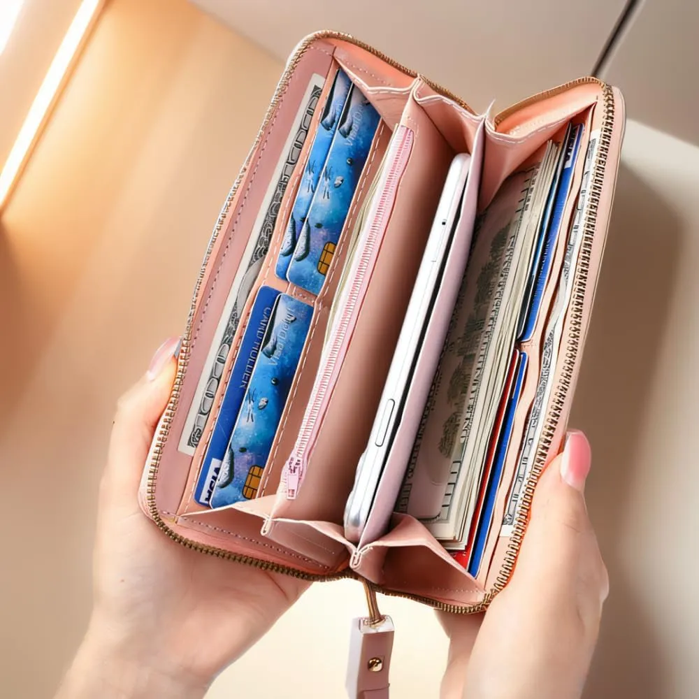 Womens Wallet Leather Zip Around Wallet Large Capacity Long Purse Credit Card Clutch Wristlet (black)