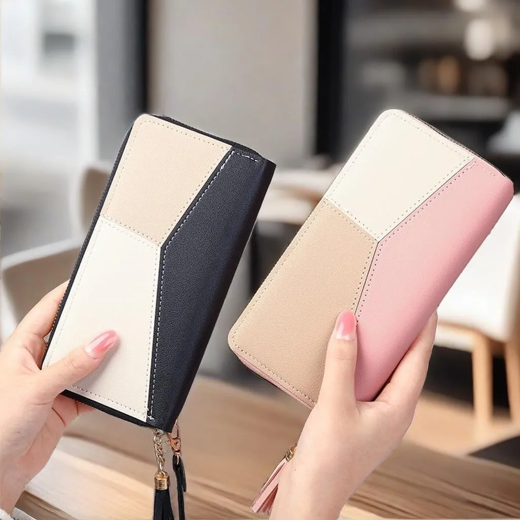 Womens Wallet Leather Zip Around Wallet Large Capacity Long Purse Credit Card Clutch Wristlet (black)