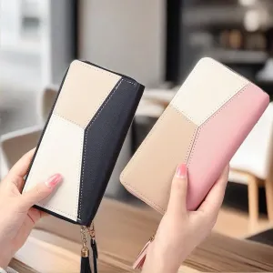 Womens Wallet Leather Zip Around Wallet Large Capacity Long Purse Credit Card Clutch Wristlet (black)
