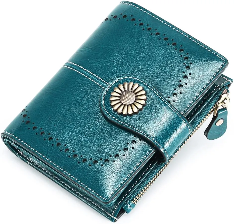 Womens Wallet Pouch Purse Genuine Leather Bifold ID Window Credit Debit Card Holder RFID Protected with Gift Box (Blue)