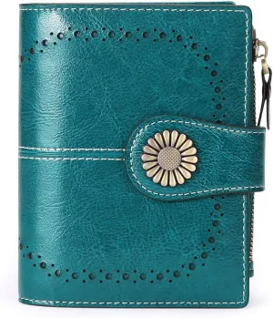 Womens Wallet Pouch Purse Genuine Leather Bifold ID Window Credit Debit Card Holder RFID Protected with Gift Box (Blue)