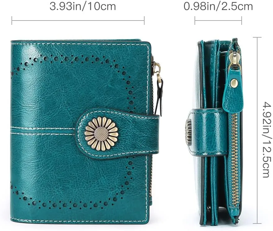 Womens Wallet Pouch Purse Genuine Leather Bifold ID Window Credit Debit Card Holder RFID Protected with Gift Box (Blue)
