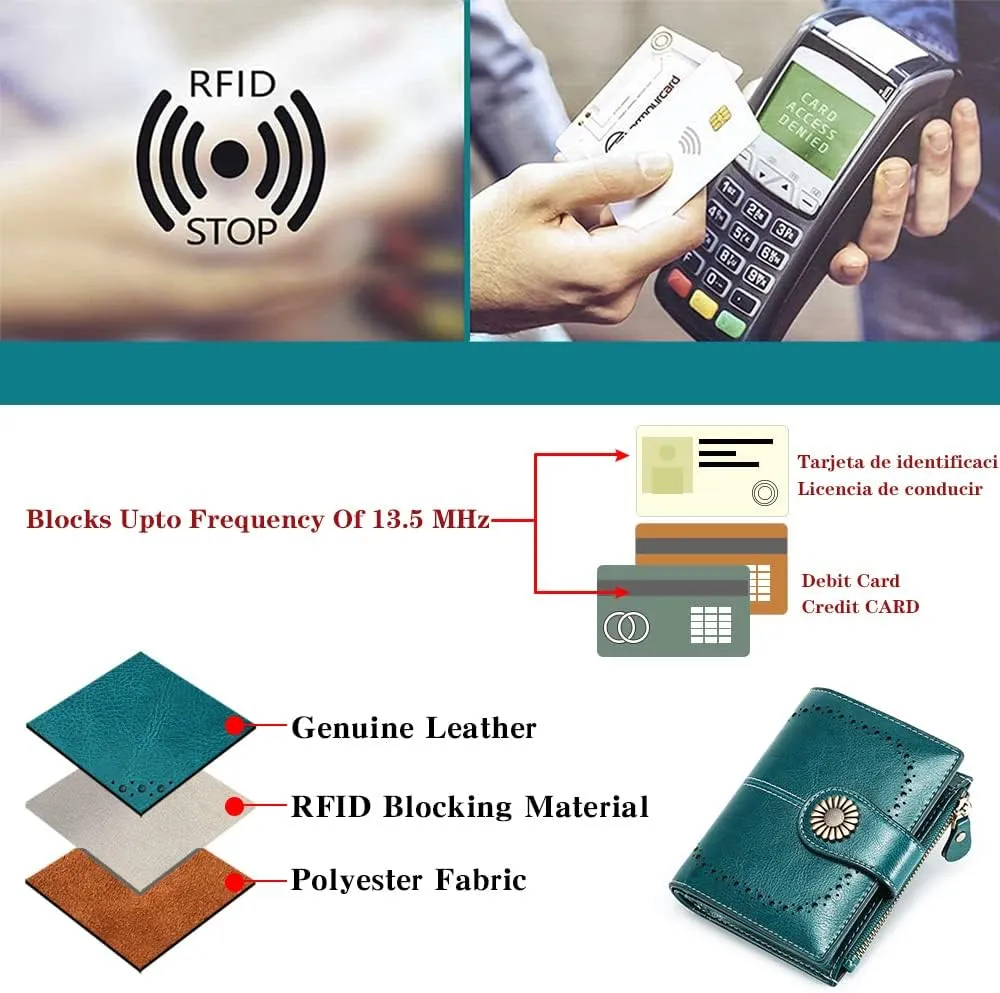 Womens Wallet Pouch Purse Genuine Leather Bifold ID Window Credit Debit Card Holder RFID Protected with Gift Box (Blue)