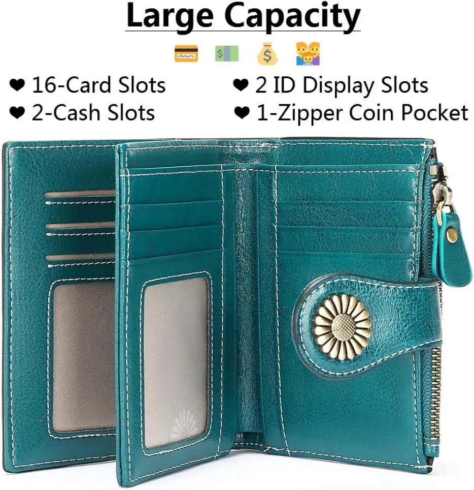 Womens Wallet Pouch Purse Genuine Leather Bifold ID Window Credit Debit Card Holder RFID Protected with Gift Box (Blue)