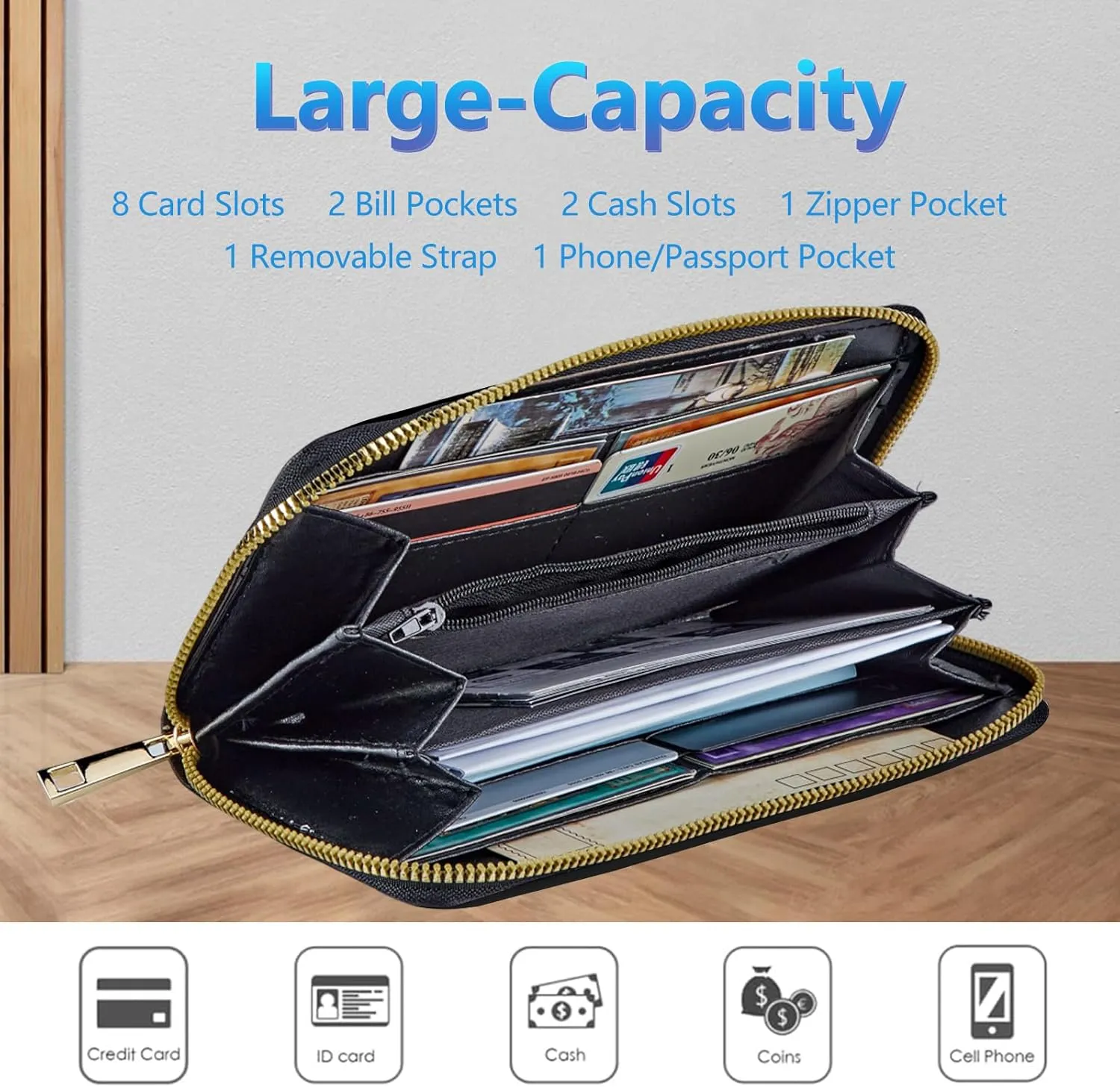 Womens Wallet PU Leather Wristlet Wallets for Women, Large Capacity Lady Fashion Wallet Card Holder Zipper Wallet