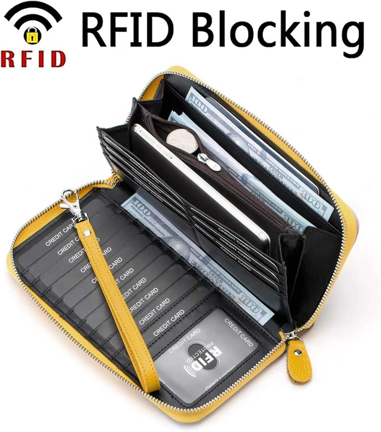 Womens Wallet RFID Blocking Genuine Leather Multi Credit Card Large Capacity Zip Around Clutch Travel Purse Wristlet