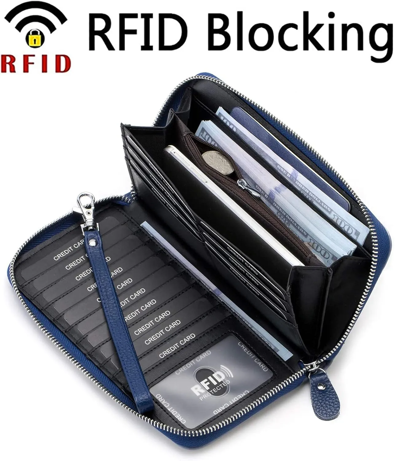 Womens Wallet RFID Blocking Genuine Leather Multi Credit Card Large Capacity Zip Around Clutch Travel Purse Wristlet