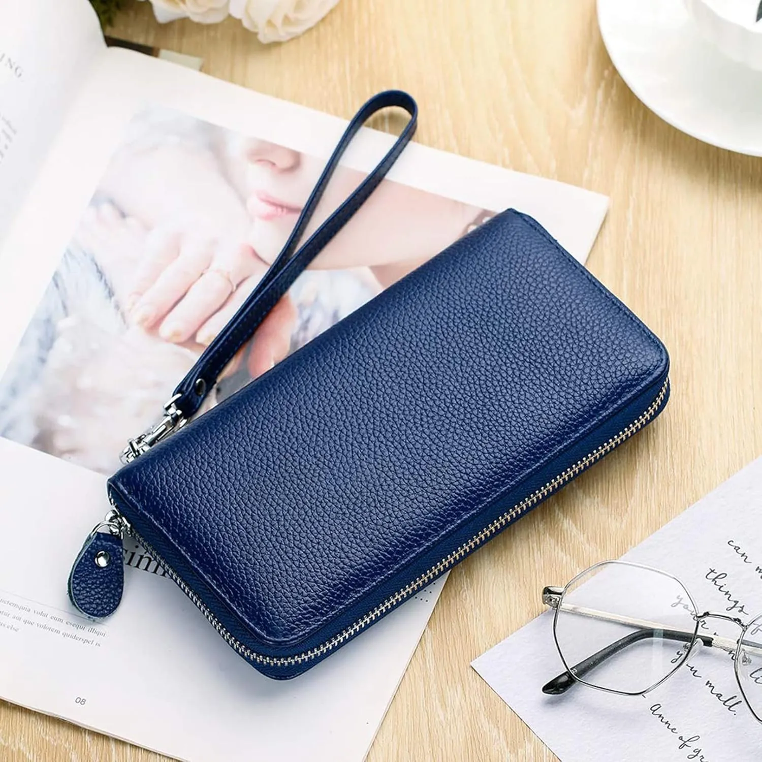 Womens Wallet RFID Blocking Genuine Leather Zip Around Wallet Clutch Wristlet Travel Long Purse for Women