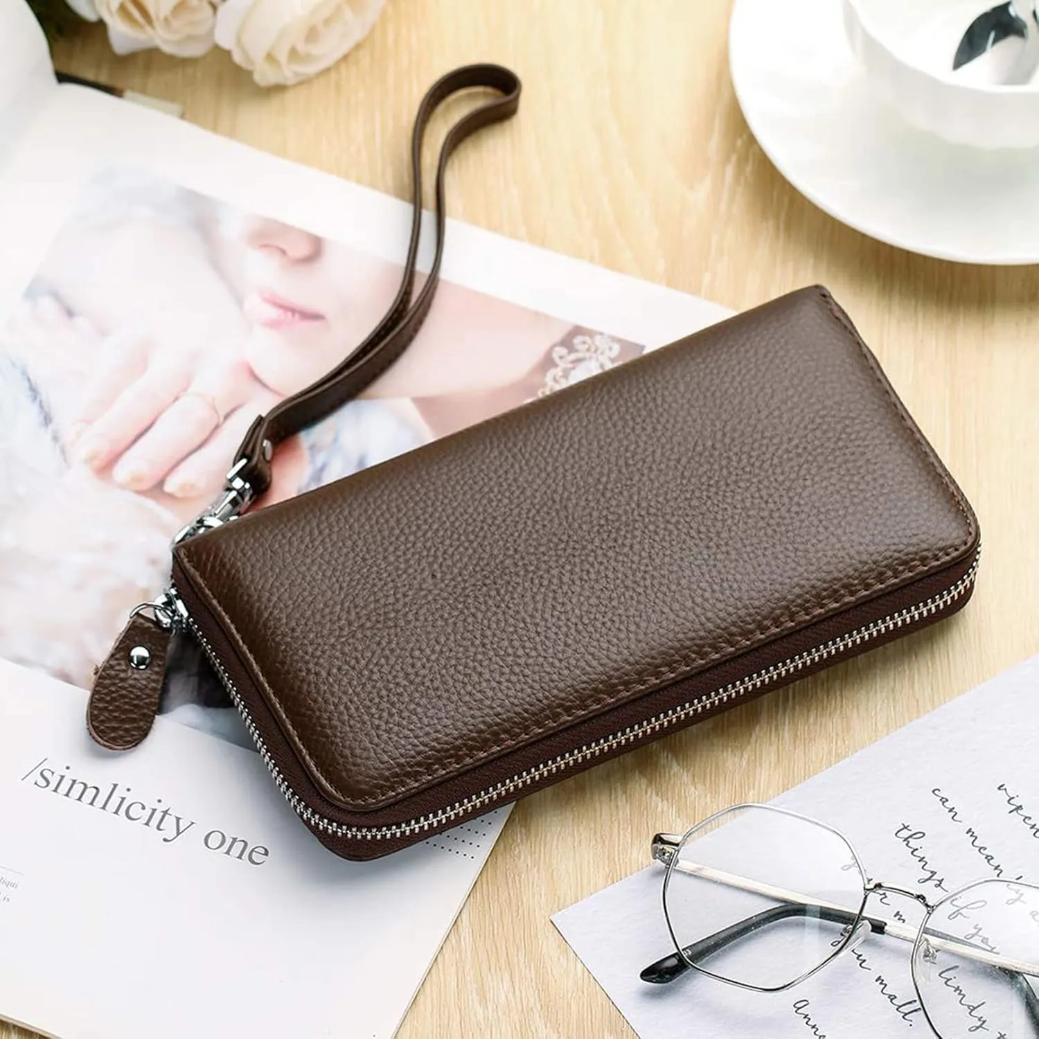 Womens Wallet RFID Blocking Genuine Leather Zip Around Wallet Clutch Wristlet Travel Long Purse for Women
