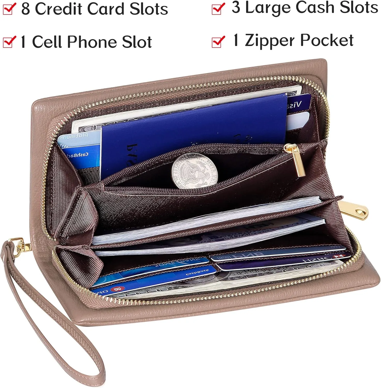 Womens Wallet RFID Large Capacity Zip Around Wallet PU Leather Credit Card Holder Clutch Wristlet Wallet Travel Purse