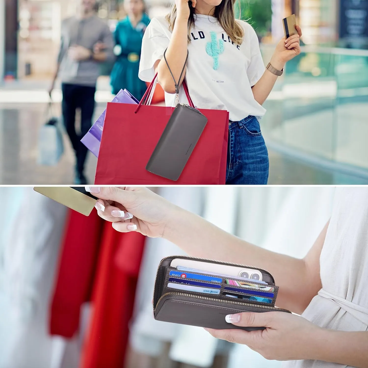 Womens Wallet RFID Large Capacity Zip Around Wallet PU Leather Credit Card Holder Clutch Wristlet Wallet Travel Purse