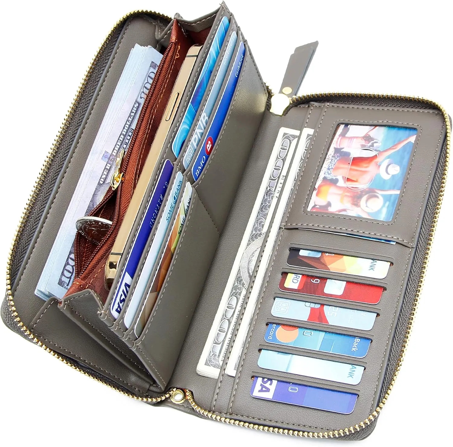 Womens Wallet RFID Large Capacity Zip Around Wallet PU Leather Credit Card Holder Clutch Wristlet Wallet Travel Purse