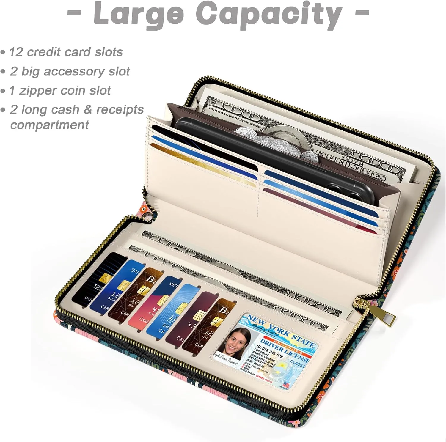 Womens Wallet, RFID Wristlet Wallets for Women, Ladies Clutch Purses, Large Travel Card Holder with Phone Holder