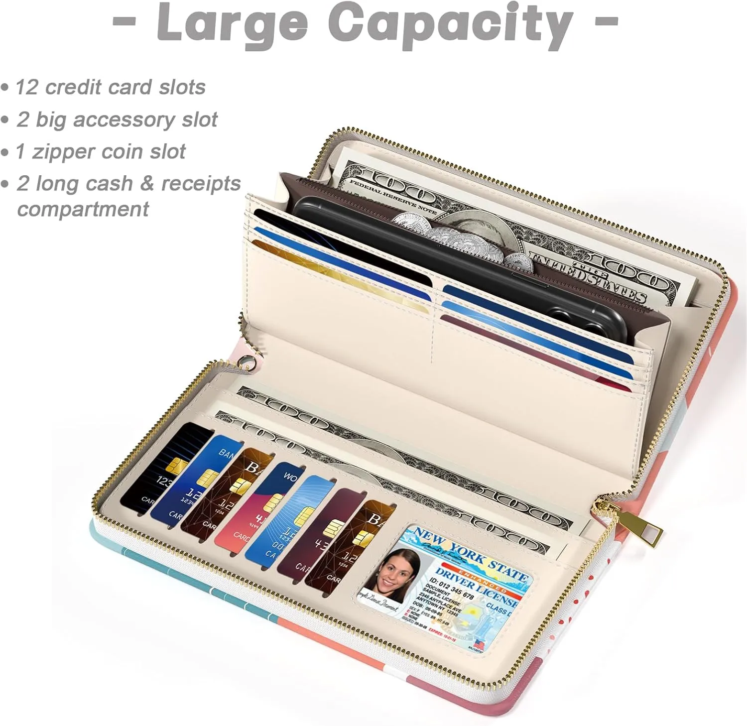 Womens Wallet, RFID Wristlet Wallets for Women, Ladies Clutch Purses, Large Travel Card Holder with Phone Holder