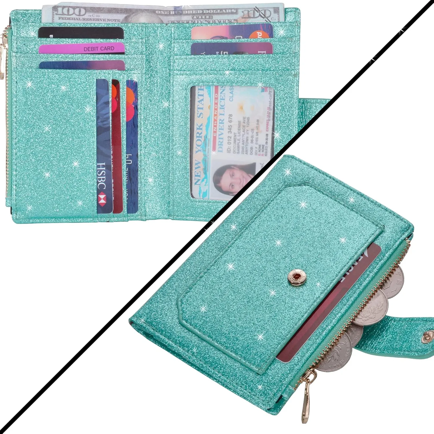 Womens Wallets RFID Small Compact Bifold Leather Card Holder Zip Pocket
