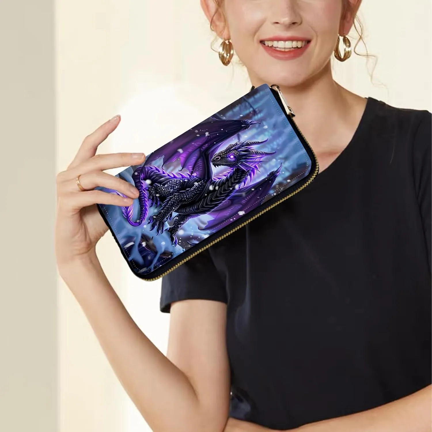 Women's Wallets,Credit Card Holder Money Leather Long Wallet with Wristlet,Large Capacity with Zip-Around Phone Purse for Women Ladies Girls,Cute Little Dragon