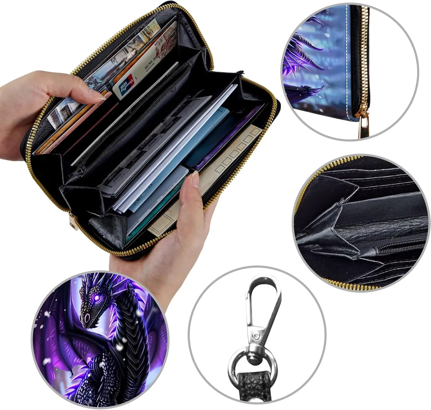 Women's Wallets,Credit Card Holder Money Leather Long Wallet with Wristlet,Large Capacity with Zip-Around Phone Purse for Women Ladies Girls,Cute Little Dragon
