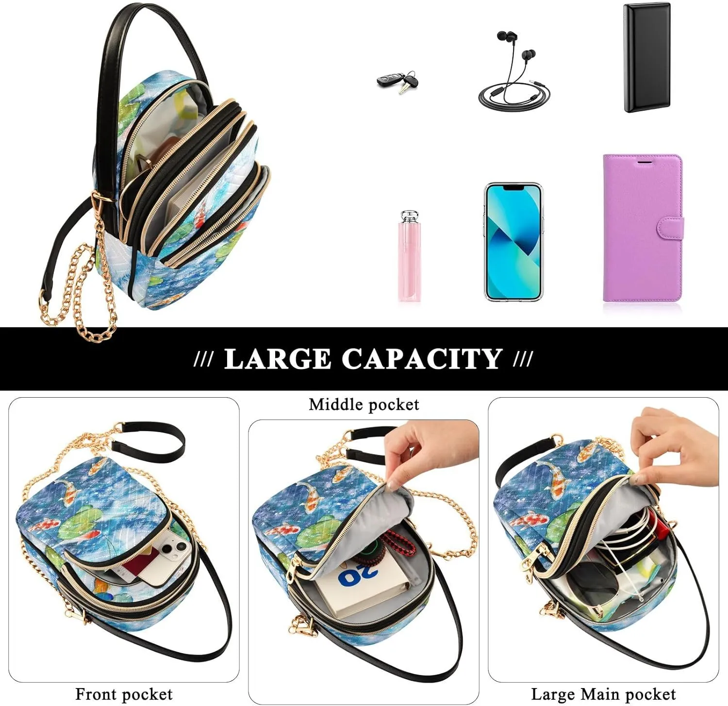 Women's Wave Cross Body Chest Bag, 52 inch Gold Chain Shoulder Handbag Purse