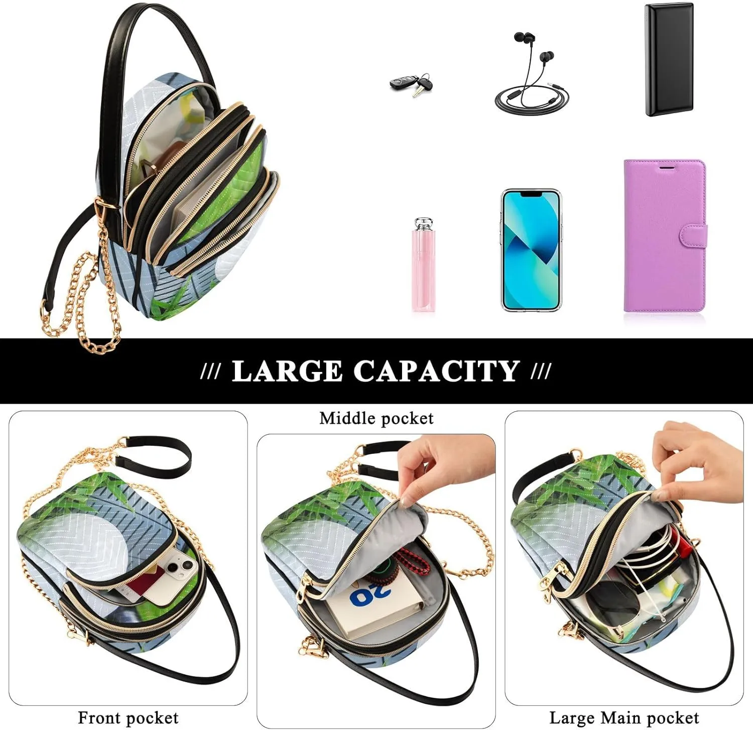 Women's Wave Cross Body Chest Bag, 52 inch Gold Chain Shoulder Handbag Purse