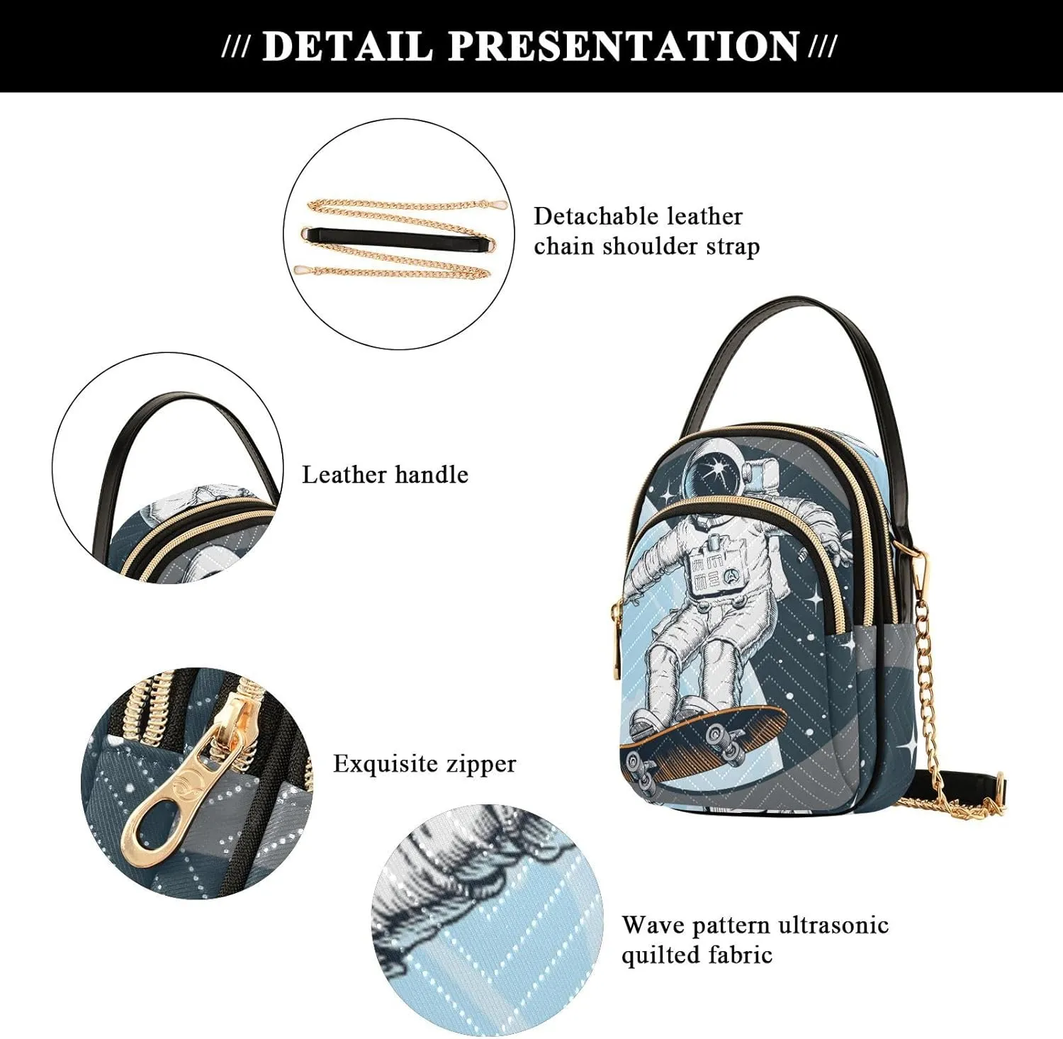Women's Wave Cross Body Chest Bag, 52 inch Gold Chain Shoulder Handbag Purse