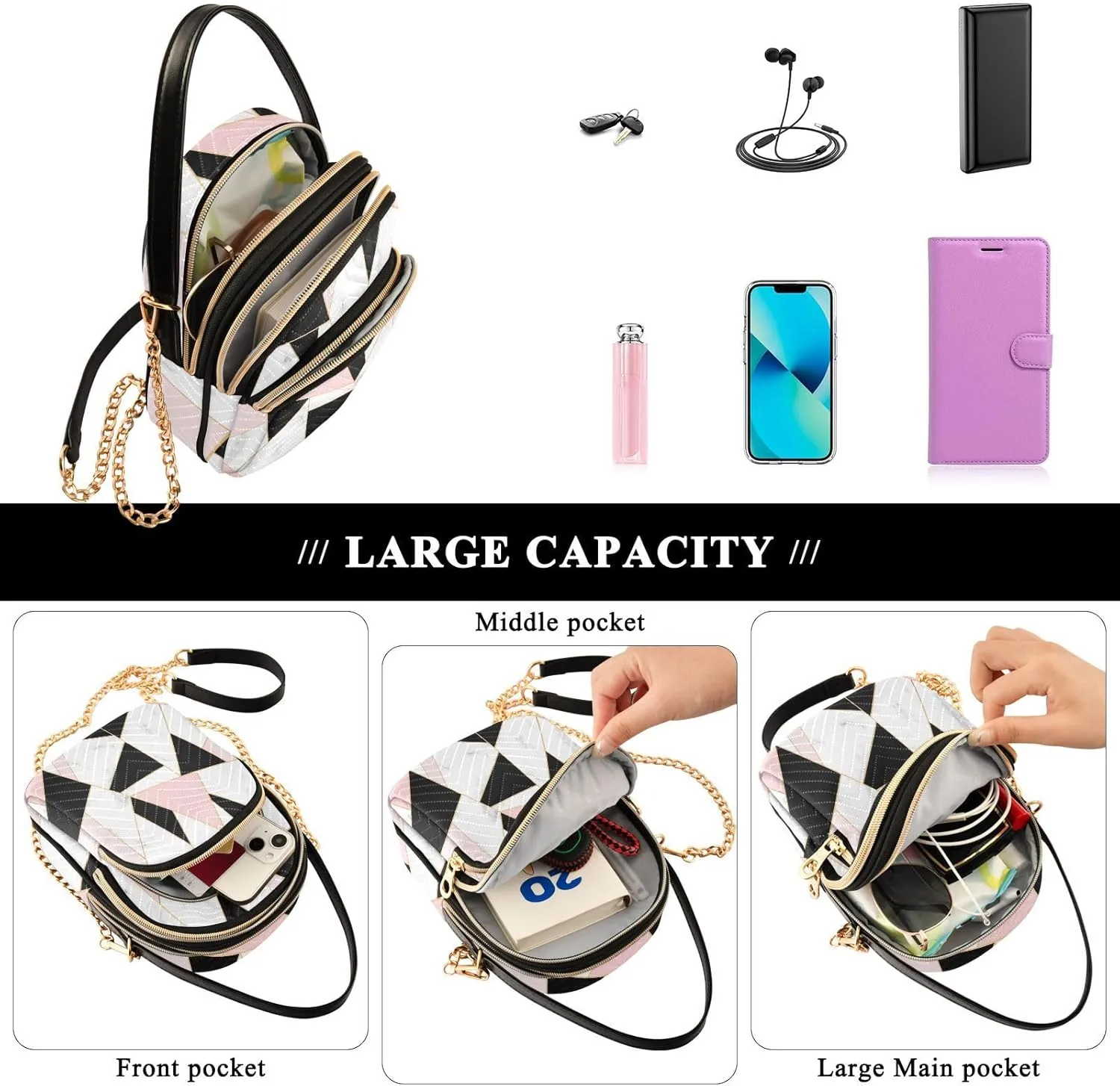 Women's Wave Cross Body Chest Bag, 52 inch Gold Chain Shoulder Handbag Purse
