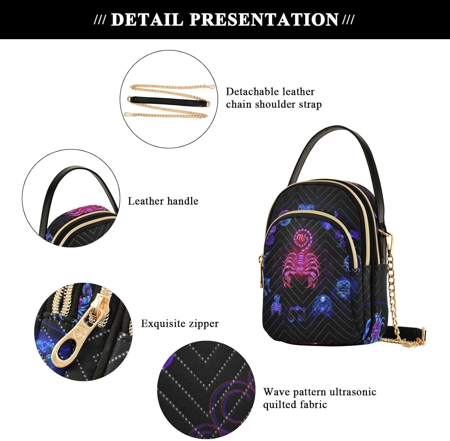 Women's Wave Cross Body Chest Bag, 52 inch Gold Chain Shoulder Handbag Purse
