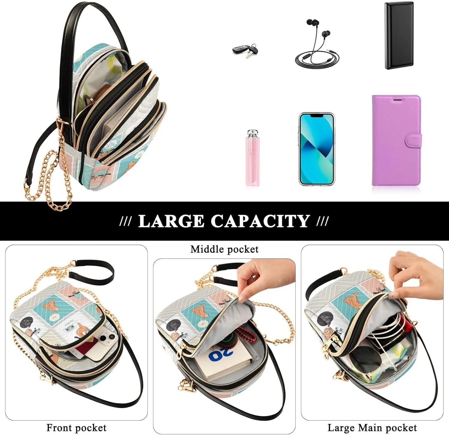 Women's Wave Cross Body Chest Bag, 52 inch Gold Chain Shoulder Handbag Purse