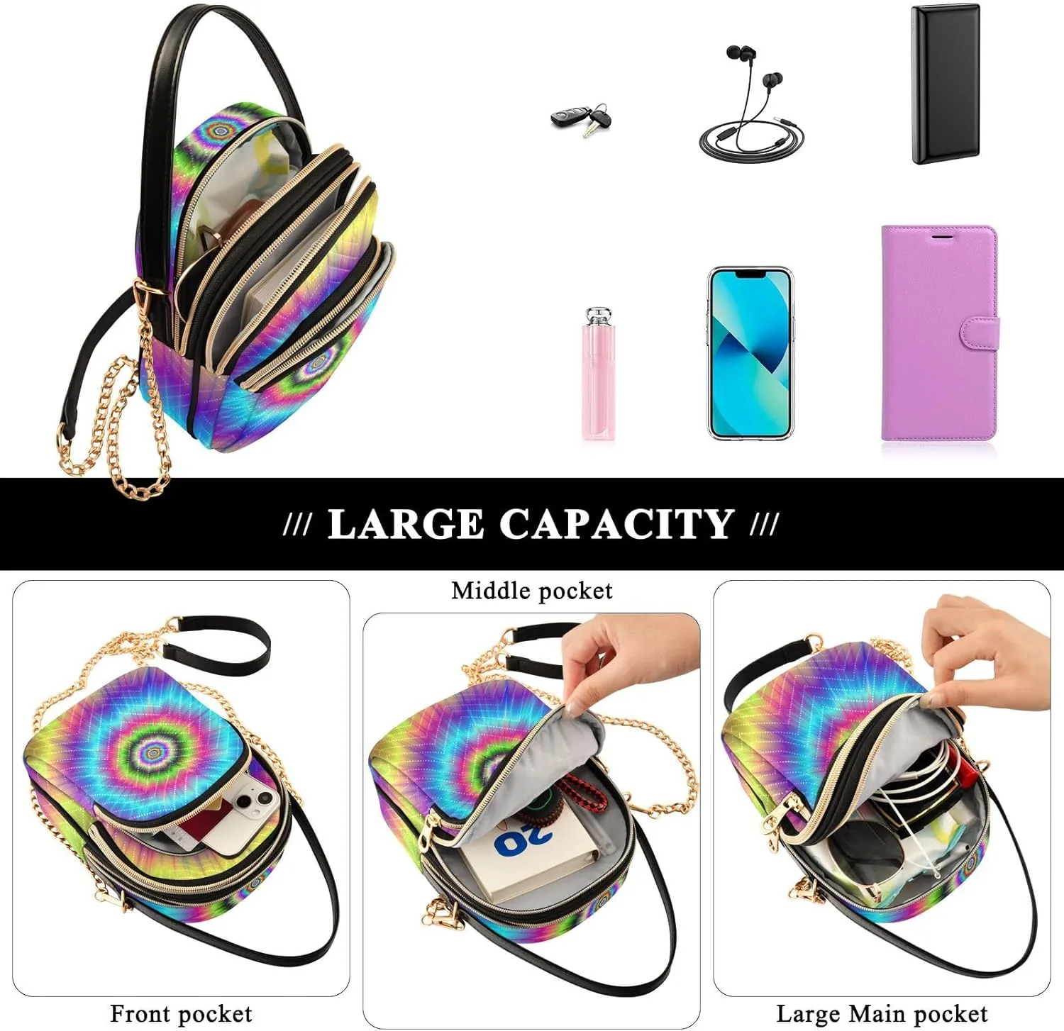 Women's Wave Cross Body Chest Bag, 52 inch Gold Chain Shoulder Handbag Purse