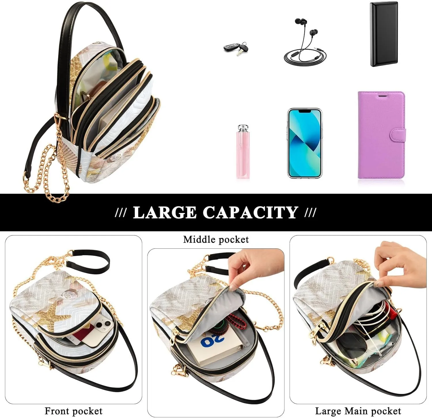 Women's Wave Cross Body Chest Bag, 52 inch Gold Chain Shoulder Handbag Purse