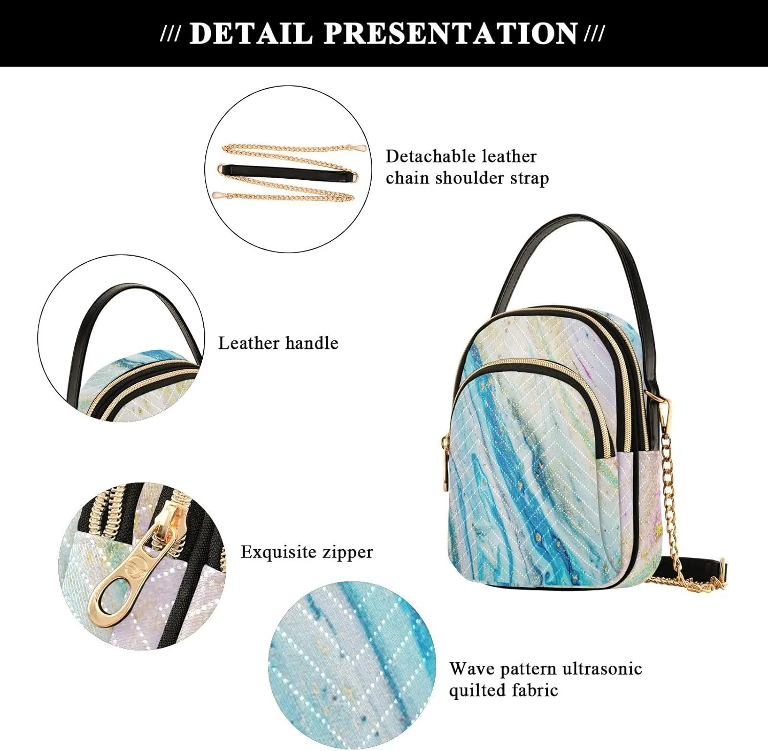 Women's Wave Cross Body Chest Bag, 52 inch Gold Chain Shoulder Handbag Purse