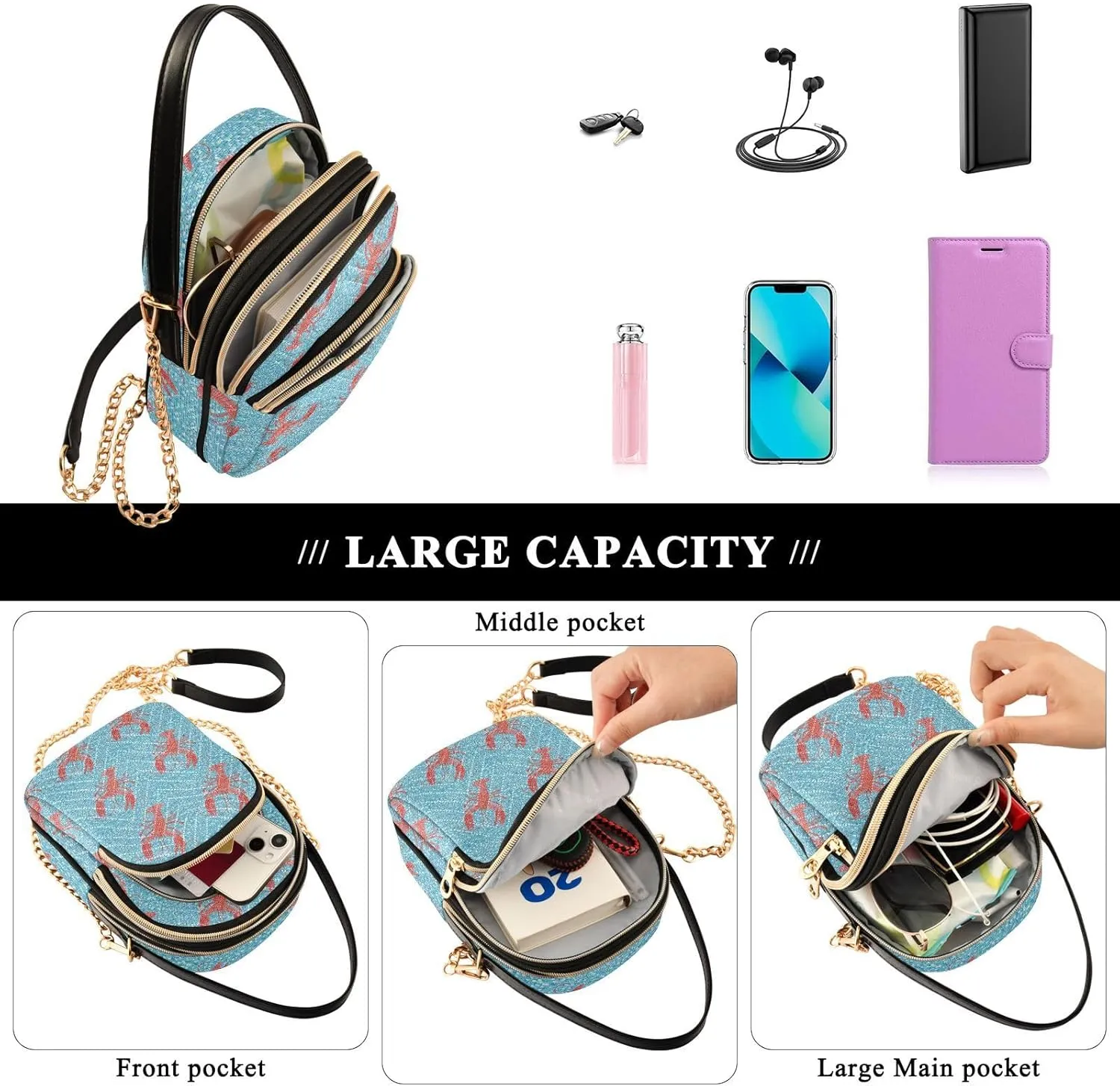 Women's Wave Cross Body Chest Bag, 52 inch Gold Chain Shoulder Handbag Purse