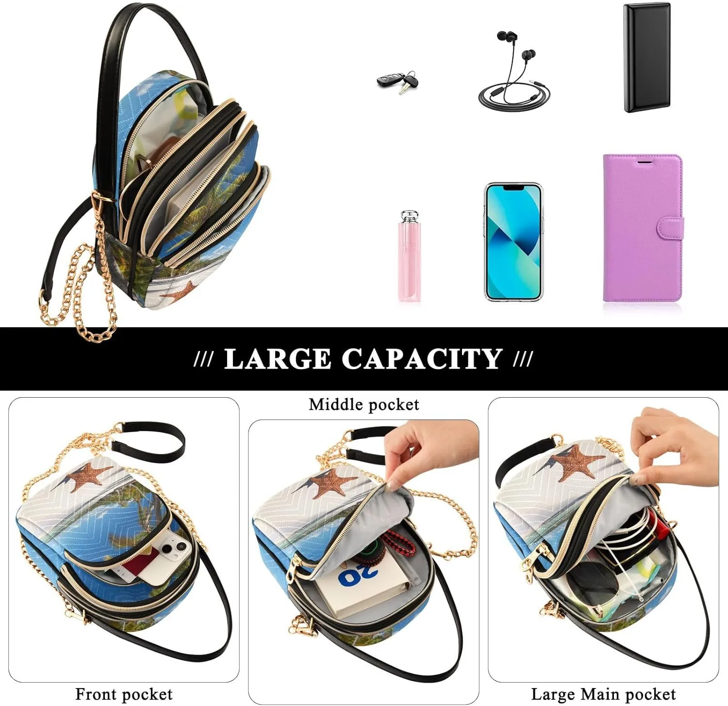 Women's Wave Cross Body Chest Bag, 52 inch Gold Chain Shoulder Handbag Purse