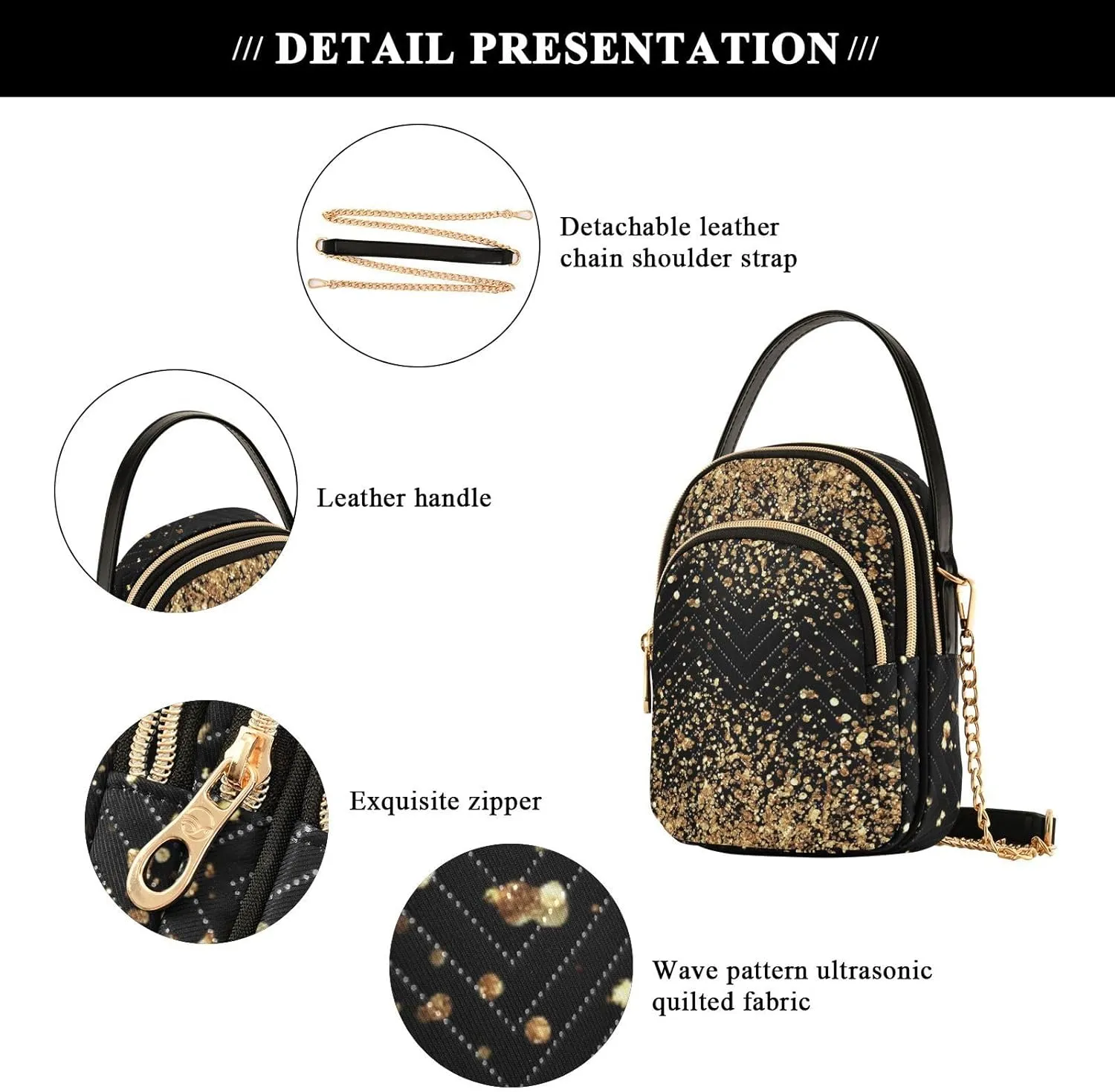 Women's Wave Cross Body Chest Bag, 52 inch Gold Chain Shoulder Handbag Purse