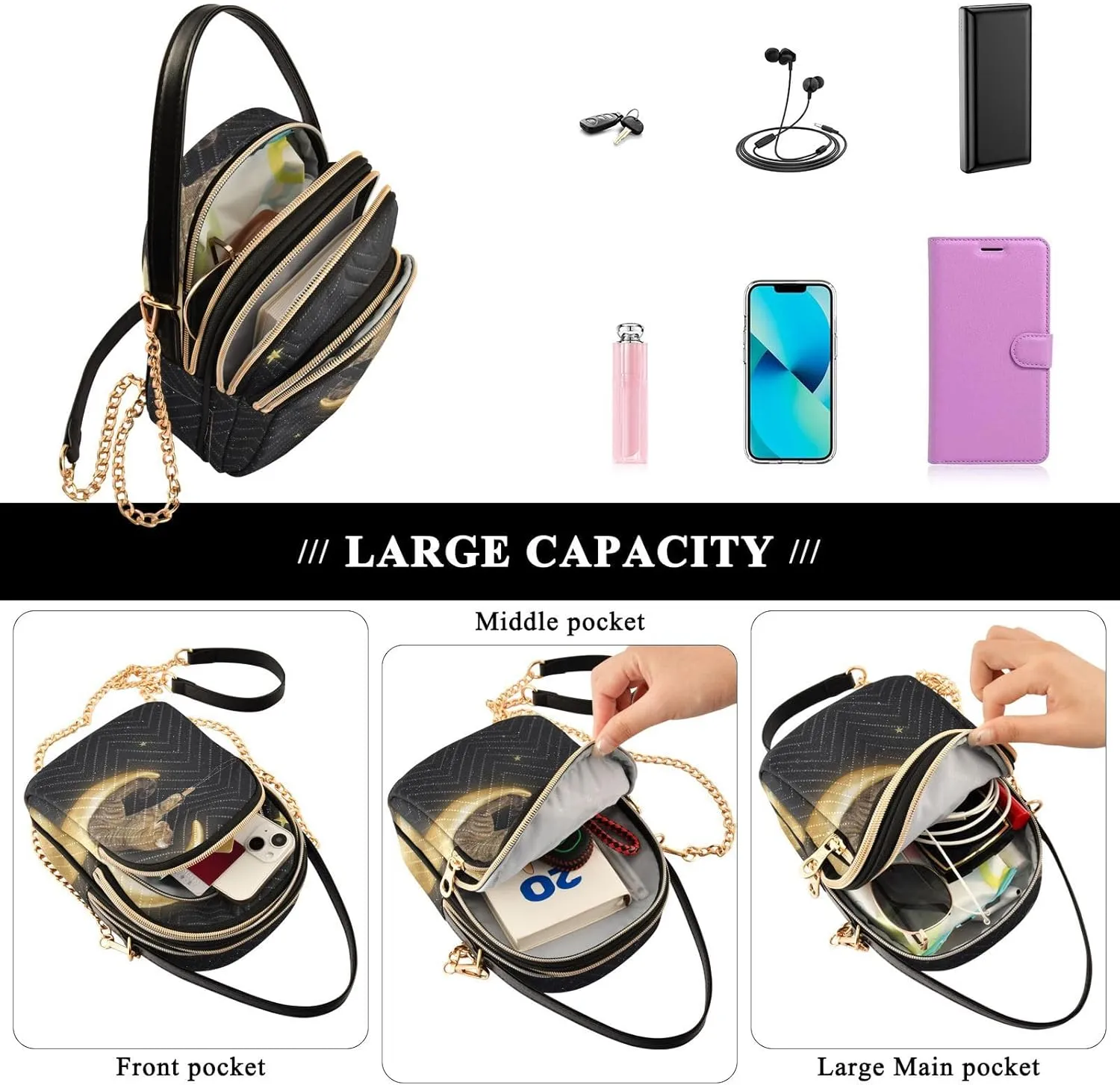 Women's Wave Cross Body Chest Bag, 52 inch Gold Chain Shoulder Handbag Purse