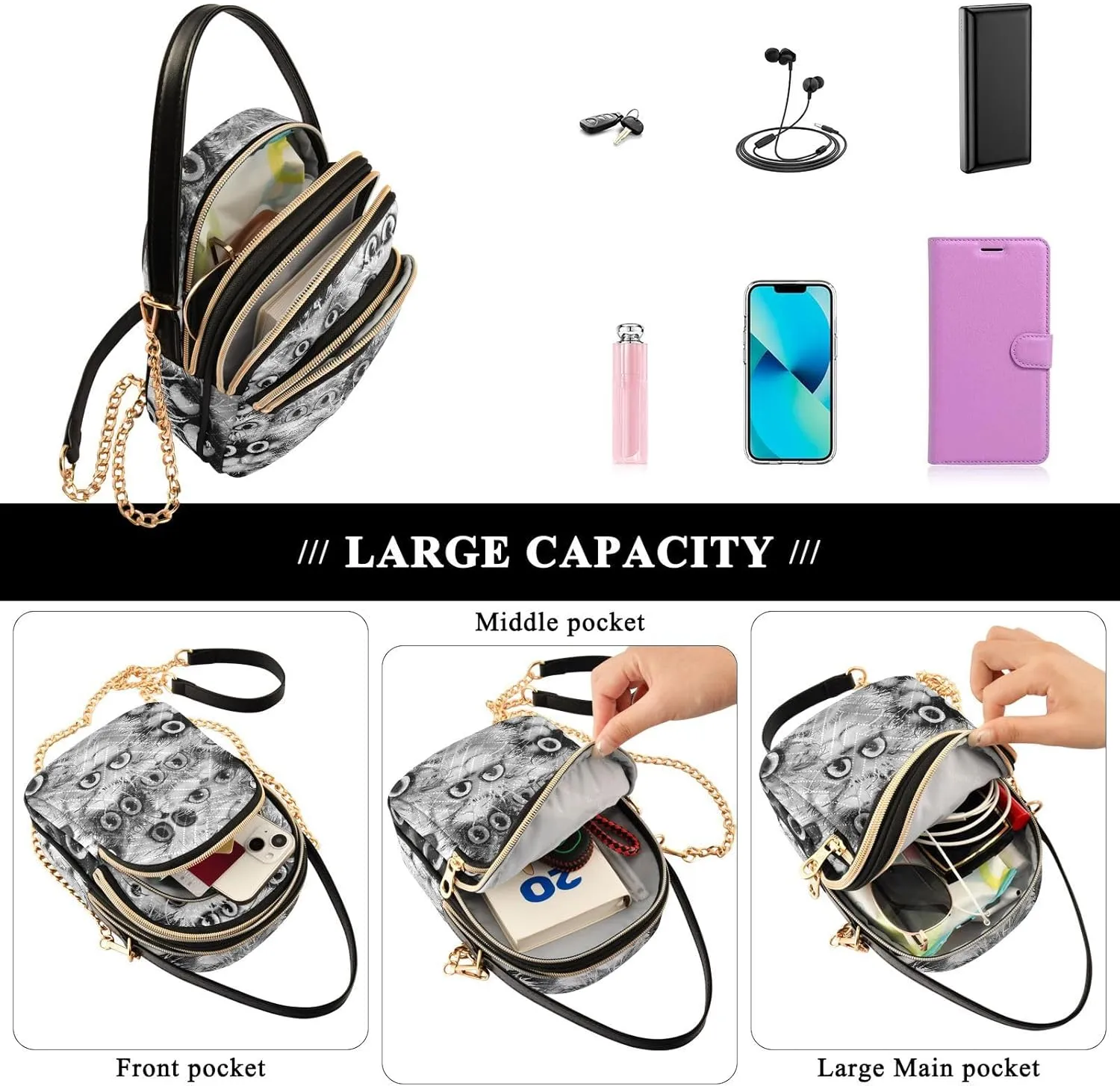 Women's Wave Cross Body Chest Bag, 52 inch Gold Chain Shoulder Handbag Purse